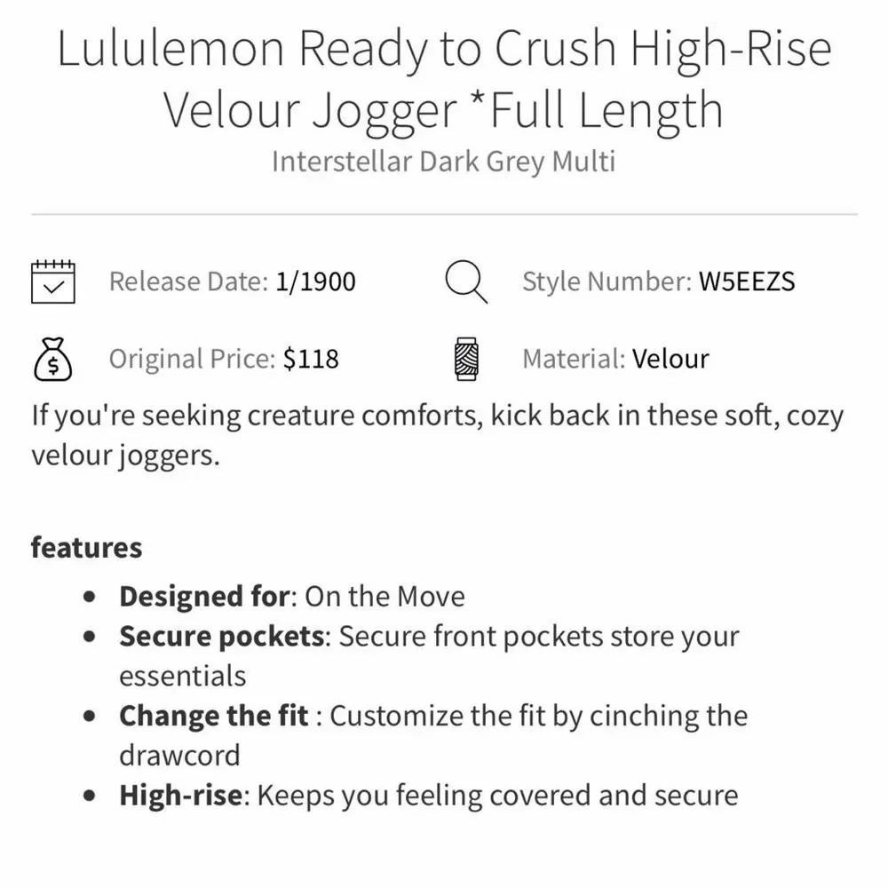 Lululemon Ready to Crush High-Rise Velour Jogger Full Length in Interstellar Dar